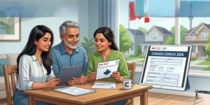 A Malayali Canadian family sitting at a table with a tablet and Statistics Canada documents, filling out the 2026 Census form with the CN Tower in the background.