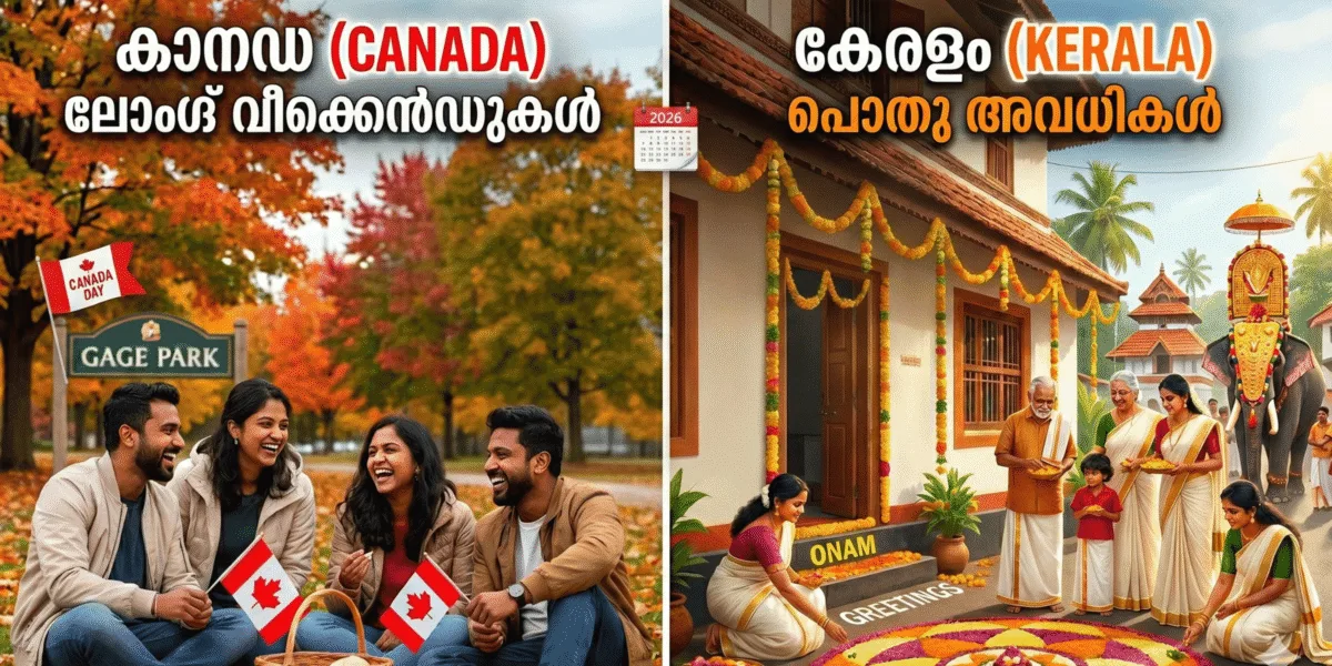 A split-screen comparison showing a group of Malayali friends celebrating Canada Day in a park with maple trees and a traditional family in Kerala celebrating Onam with a Pookalam and an elephant.