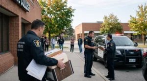 Two Ontario Provincial Police (OPP) officers outside a brick college building. One officer in the foreground is carrying a cardboard box overflowing with document folders, while the second officer stands next to an OPP police cruiser holding a clipboard. A group of students watches the scene from the background.