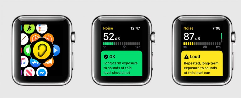 Three Different Displays of Apple Watch with Noise app, Ok Noise Level and Loud Noise Alert.